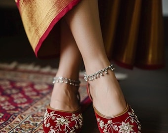 Bridal Flats Jutti Sandals | Red Embroidered Velvet Shoes | Indian Wedding Footwear for Women