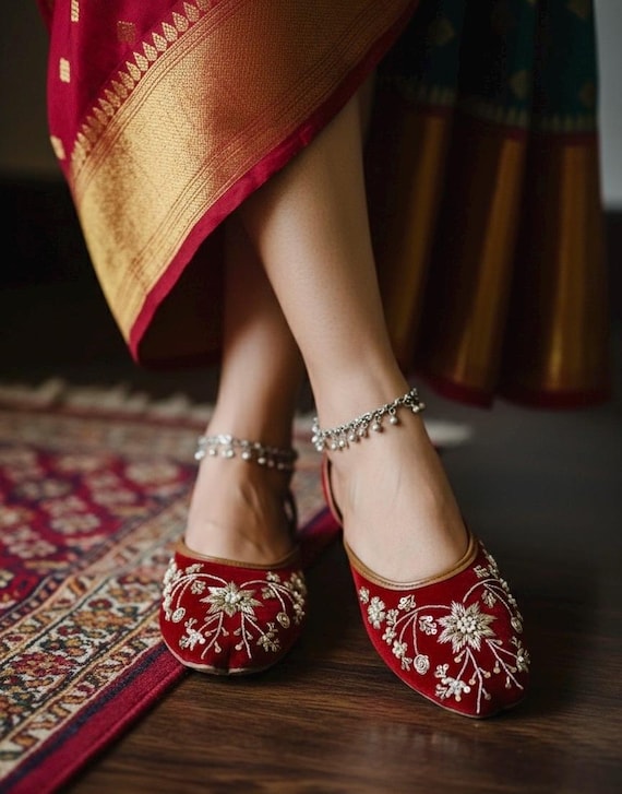 Buy Bridal Flats Jutti Sandals Red Embroidered Velvet Shoes Indian Wedding Footwear for Women Online in India