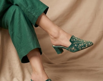 Bridal Mules for Women : Emerald Green Hand Embroidered Heels - Women Wedding Shoes