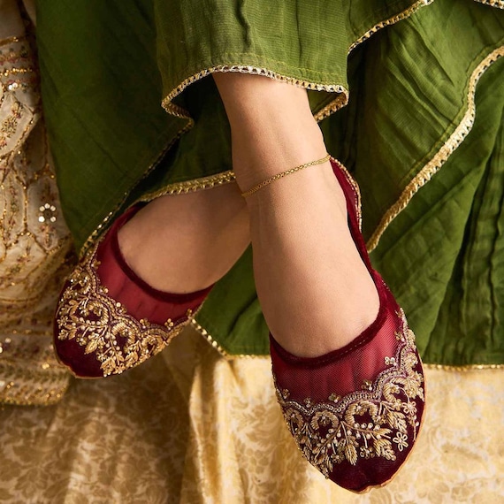 Handmade Bridal Maroon Jutti : Embroidered Velvet Flats for Women – Indian Pakistani Wedding Shoes