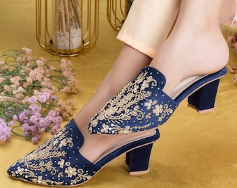 Bridal Mules for Women : Blue Hand Embroidered Heels - Women Wedding Shoes