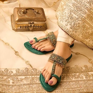 Embroidered Green Velvet Kolhapuri Sandals: Ethnic Indian Flats