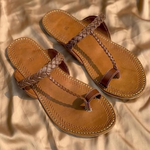 Handcrafted Leather Kolhapuri Sandals: Braided Strap Ethnic Flats