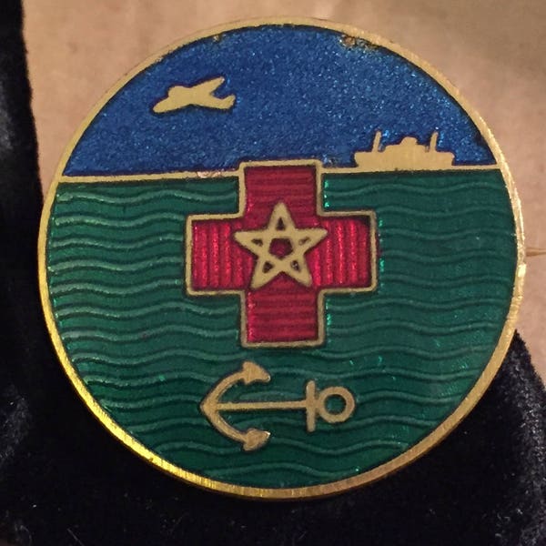 Vintage 1930s Brass Green Blue Guilloche Cloisonne Enamel Red Cross Star Anchor Plane Ship Naval Air Force C Catch Lapel Pin