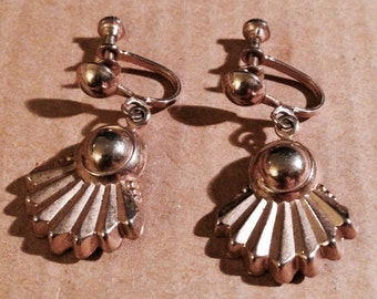 Antique Vintage 1930s Art Deco Gold Washed Silver Fanned Charm Screw On Back Dangle Earrings