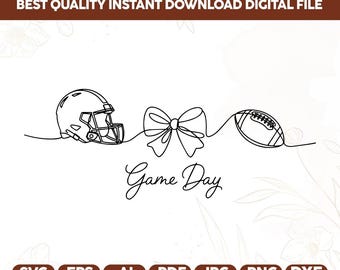 May include: Black and white line art digital file featuring a football helmet, a bow, and a football. The words "Game Day" are written in cursive below the images. The top of the image reads "BEST QUALITY INSTANT DOWNLOAD DIGITAL FILE".