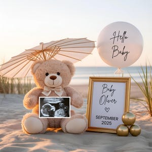 Digital Pregnancy Announcement,Beach Announcement for Neutral Pregnancy,Editable Template Announcement Summer Baby,Canva Editable Template