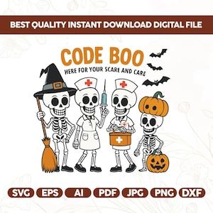 Może przedstawiać: Plik cyfrowy z motywem Halloween. Obraz zawiera cztery postacie szkieletów przebrane za czarownicę, pielęgniarki i szkielet z dyniową głową, z tekstem "CODE BOO HERE FOR YOUR SCARE AND CARE".