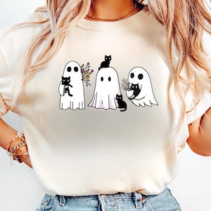 Halloween Black Cat & Ghost Comfort Colors Shirt, Halloween Ghost Tshirt, Spooky Season Cat Tee, Halloween Cute Women Outfit, Halloween Gift