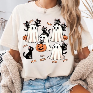 Halloween Black Cat & Ghost Comfort Colors Shirt, Halloween Ghost Tshirt, Spooky Season Cat Tee, Halloween Cute Women Outfit, Halloween Gift