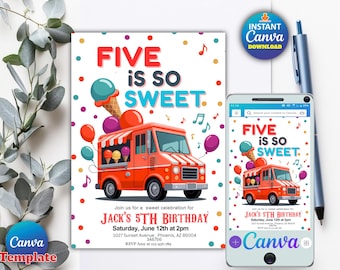 Editable Ice Cream Truck Birthday Invitation | Ice Cream Five Is So Sweet 5th Birthday Party | Digital Canva Template_ Edit in Canva