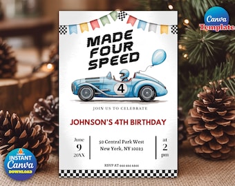 Editable Made Four Speed Race Car 4th Birthday Invitation, Boy Vintage Blue Race Car 4th Birthday Party, Made 4 Speed, Instant Download