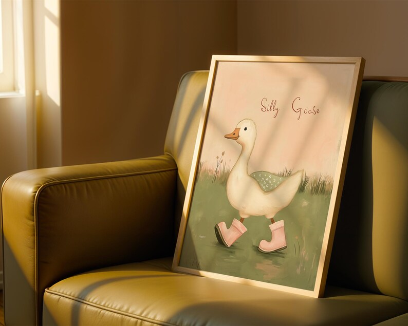 Silly Goose Wall Art Cute Goose Poster Sage Green Nursery Decor Farm Animal Printable Pink Coquette Room Decor Green Girl's Room Goose Print image 4