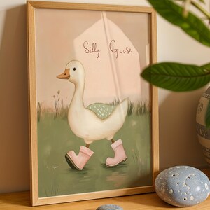 Silly Goose Wall Art Cute Goose Poster Sage Green Nursery Decor Farm Animal Printable Pink Coquette Room Decor Green Girl's Room Goose Print image 3