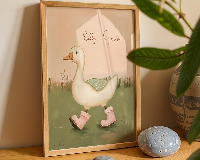 Silly Goose Wall Art Cute Goose Poster Sage Green Nursery Decor Farm Animal Printable Pink Coquette Room Decor Green Girl's Room Goose Print image 3