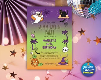 Birthday Party Invitation Summer Halloween Ghost Theme, Editable Canva Template, Digital Birthday Invite, Instant Download Template