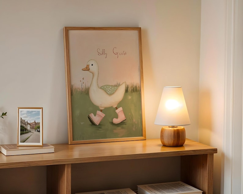 Silly Goose Wall Art Cute Goose Poster Sage Green Nursery Decor Farm Animal Printable Pink Coquette Room Decor Green Girl's Room Goose Print image 1