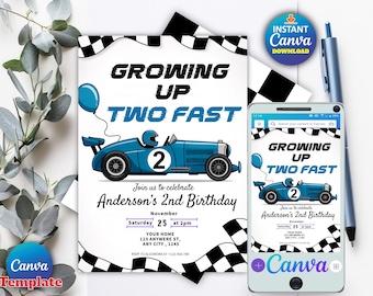 Editable Two Fast Birthday Invitation | Race Car 2nd Birthday Party | Canva Template | Digital Invitation | Instant Download