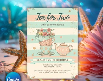 編集可能な二人のためのティーパーティー誕生日招待状、ピンクゴールドの花柄の気まぐれティーパーティー、すぐにダウンロードできるCanvaテンプレート、デジタル招待状