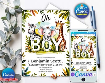 May include: A baby shower invitation with a watercolor design featuring a zebra, elephant, and giraffe. The invitation reads "Oh Boy" and includes event details. A smartphone displays the same design.