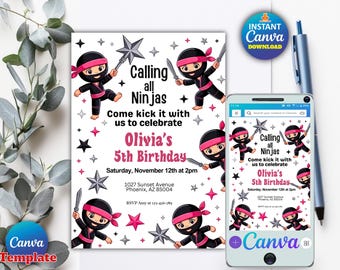 Editable Birthday Party Invitation Pink Karate Birthday Warrior Martial Arts Party Instant Download Canva Template Digital Invite