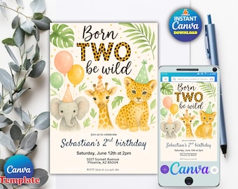 "Born to be Wild Leopard Print Safari Tier Geburtstagseinladung | Sofortdownload | Canva Vorlage | Digital einladen | Zum Selbermachen