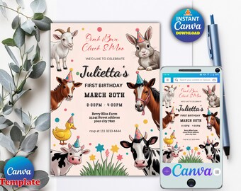 May include: A light pink birthday invitation with farm animals, including a goat, rabbit, horses, duck, and cow, wearing party hats. The invitation reads "Julietta's First Birthday, March 20th". A smartphone displays the same design.