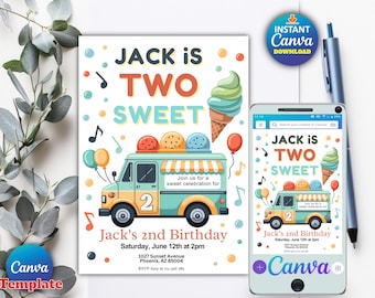 Editable Ice Cream Truck Birthday Invitation | Two Sweet 2nd Birthday Party | Ice Cream Party Invite | Instant Download | Canva Template