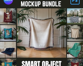 15+ Woven Blanket Mockup Bundle Canva Photoshop Woven Blanket Mockup Woven Throw Blanket Mockup Jacquard Fringed Smart Object Blanket Mockup