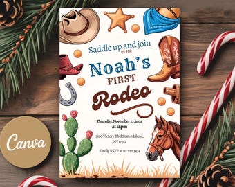First Rodeo Birthday Invitation Template | Cowboy 1st Birthday Invite | Wild West Birthday Party Decor | Boy Cowboy Birthday Invite