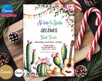Invitación editable para fiesta de cumpleaños estilo mexicano con temática de cactus en acuarela para el primer cumpleaños. Descarga instantánea. Plantilla para Canva.