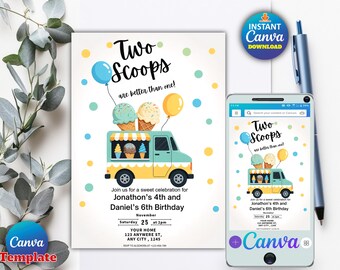 Editable Ice Cream Birthday Invitation, Ice Cream Truck Party Invite, Canva Template, Digital Birthday Invite, Instant Download