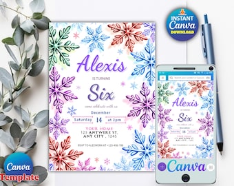 Winter Birthday Invitation | Purple Blue Pastel Snowflake Invite | Winter Wonderland Digital Template | Editable Canva | Instant Download