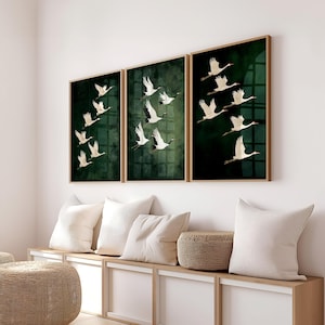 Flying Cranes Japandi Style Print Green Wall Art White Bird Image PRINTABLE Digital Download Elegant Gallery Vintage Japanese Style Artwork