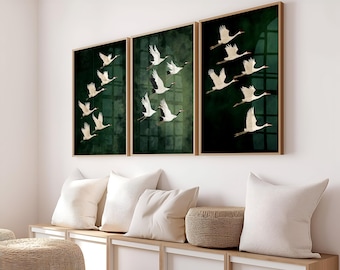 Flying Cranes Japandi Style Print Green Wall Art White Bird Image PRINTABLE Digital Download Elegant Gallery Vintage Japanese Style Artwork