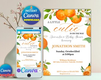 Editable Little Cutie Baby Shower Invitation Bundle_Orange Citrus Gender Neutral Baby Shower Invite _Canva Template_Digital Editable Invite