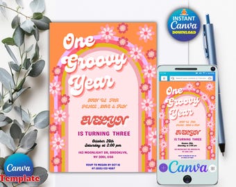 Editable One Groovy Year Birthday Invitation, Groovy 1st Birthday, Rainbow Hippie 70s Party, Canva Template, Digital Invite_Instant Download
