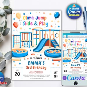 以下が含まれることがあります： 遊び場をテーマにした誕生日の招待状。滑り台、クライミング構造、ボールプールを備えた遊び場のイラストが特徴です。招待状には「Climb Jump Slide & Play」のテキストと、エマの3歳の誕生日の詳細が含まれています。