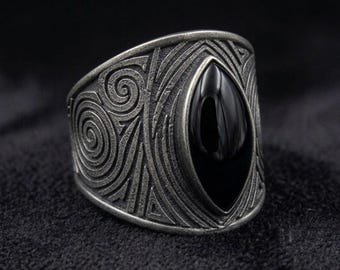 黒曜石の螺旋リング - スターリングシルバー製スピリチュアルシンボルジュエリー