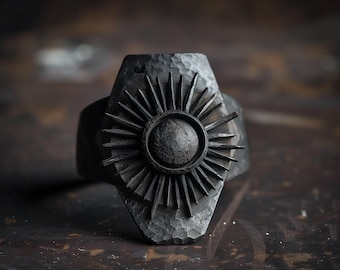 Black Sun Ring - Gothic Celestial Sterling Silver Band - Textured Chunky Statement Jewelry for Men