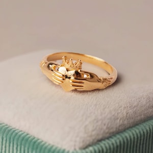 Gold Vermeil Claddagh Ring: Dainty Crown & Heart, Promise Ring