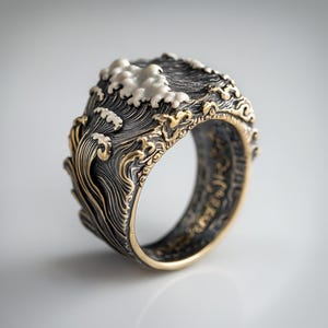 May include: A silver and gold ring featuring a detailed design of a wave crashing with white foam. The ring is wide and has a textured surface.