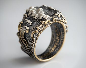 Japanese Wave Sterling Silver Ring: Wabi Sabi Anime Jewelry