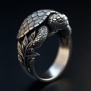 Puede incluir: Anillo plateado con un diseño detallado de tortuga. El caparazón y la cabeza de la tortuga tienen textura, y la banda del anillo incluye detalles de hojas. El anillo se presenta sobre un fondo oscuro, resaltando los intrincados detalles.