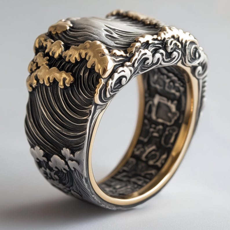 Square Japanese Rings Japanese Wave Sterling Silver Ring: Wabi Sabi Anime Jewelry - Etsy