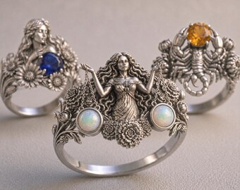 Custom Zodiac Birthstone Ring, Birth Flower & Constellation Ring, Dainty Star Sign Jewelry, Unique Astrology Gift for Women