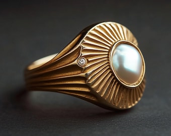 Art Deco Gold Sun Ring with White Pearl - Celestial Moon Wedding Promise Ring, Vintage Style Statement Jewelry Gift