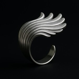 May include: A silver ring with a unique design that resembles a stylized wave or feather. The ring is made of smooth, polished metal and has a delicate, flowing shape.