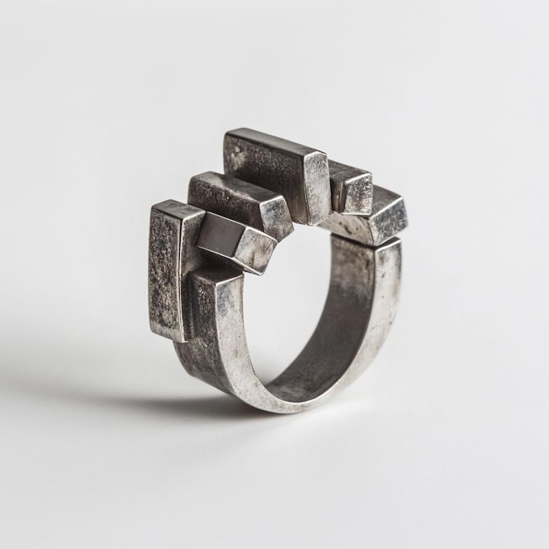Sterling Silver Brutalist Ring: Modernist Industrial Jewelry