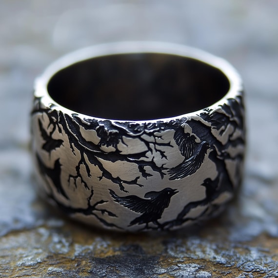 Engraved Raven Sterling Silver Ring: Gothic Forest Crow Jewelry